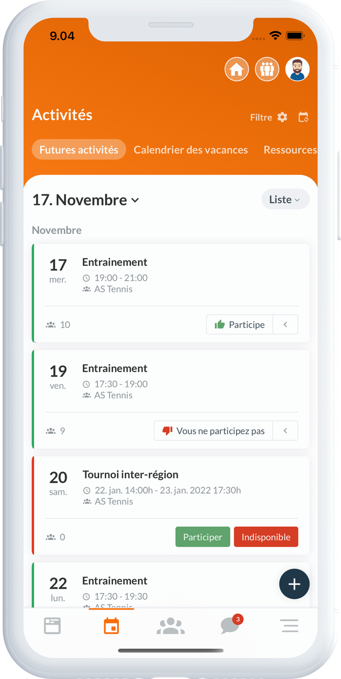 Le calendrier SportMember dans l'application