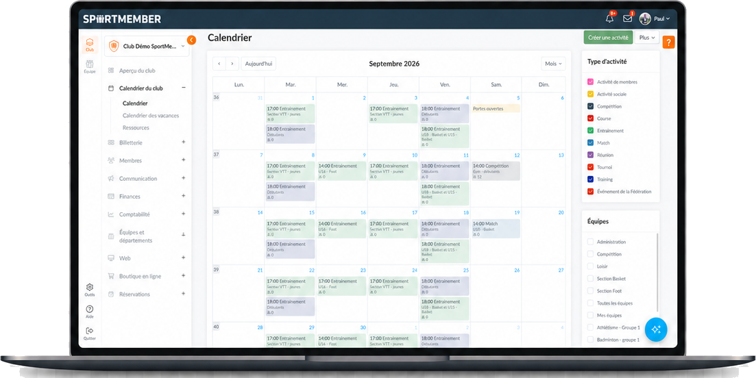 Le calendrier du club SportMember sur ordinateur – vue mensuelle des activités